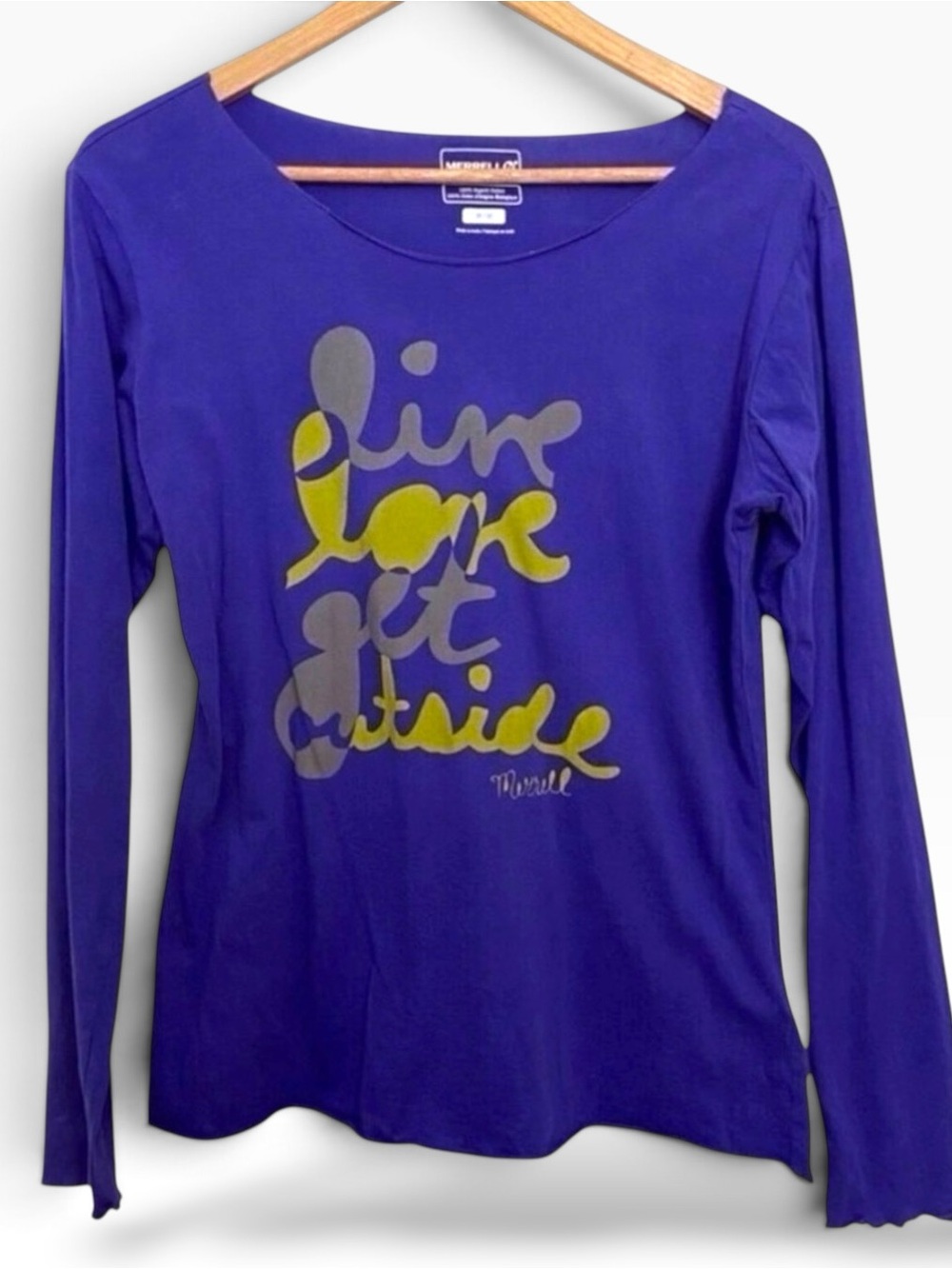 MERRELL graphic shirt long sleeves purple soft 100% organic cotton medium